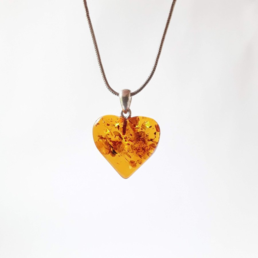 Baltic amber heart pendant necklace Brown gemstone heart on silver color chain