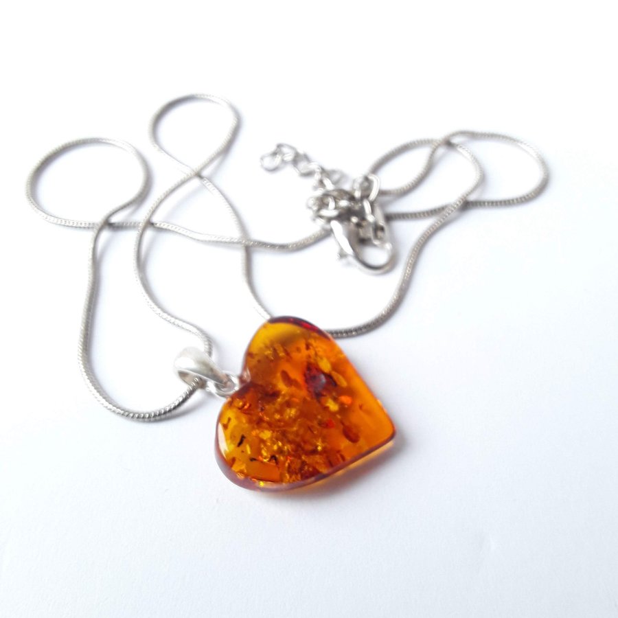 Baltic amber heart pendant necklace Brown gemstone heart on silver color chain