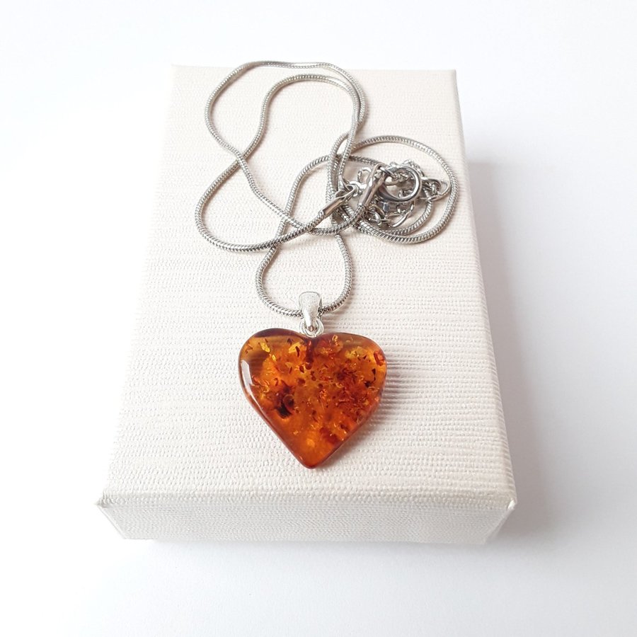 Baltic amber heart pendant necklace Brown gemstone heart on silver color chain