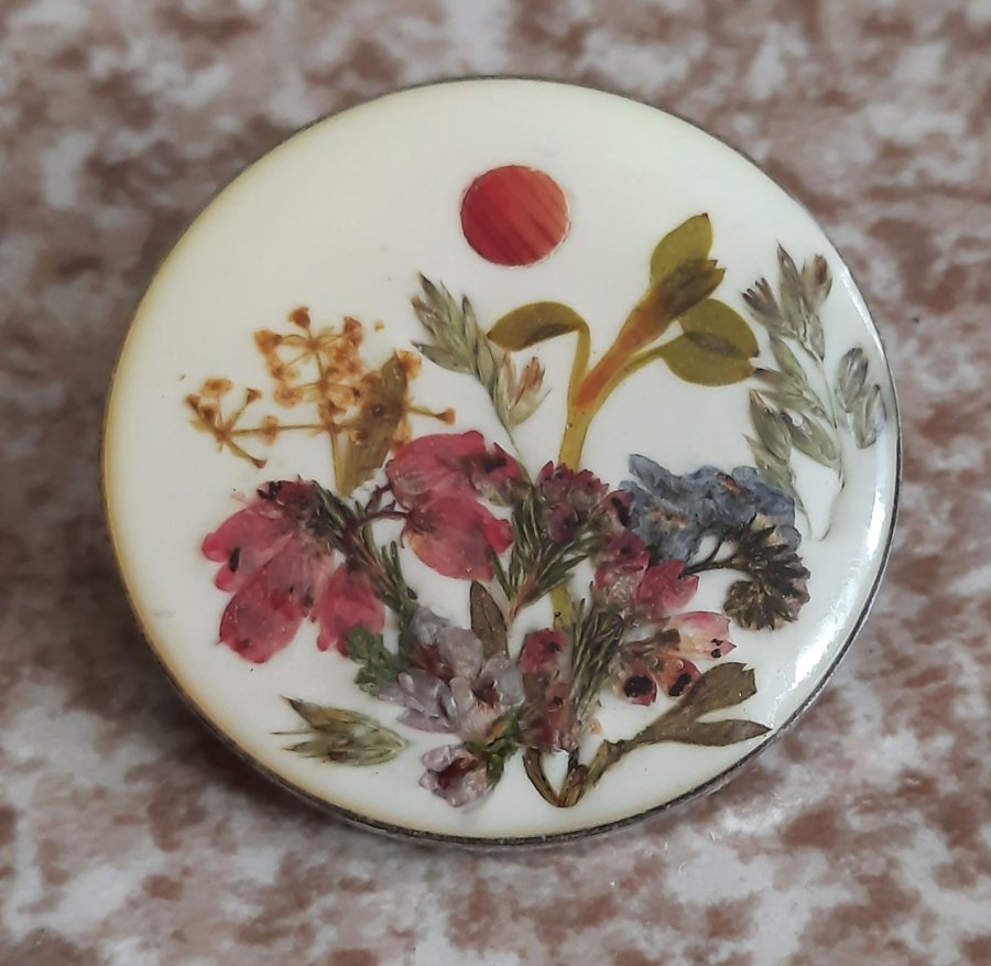 Vintage brosch torkade pressade blommor trombonlås