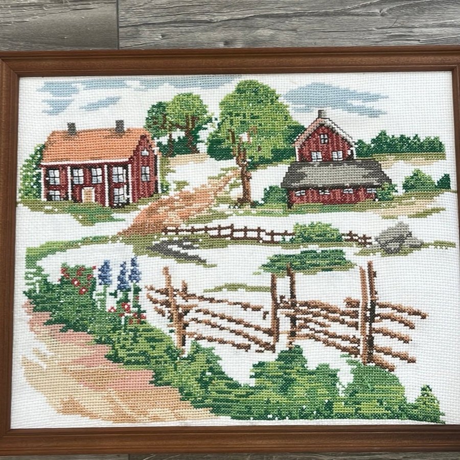 Cross-stitch with a motif of a countryside