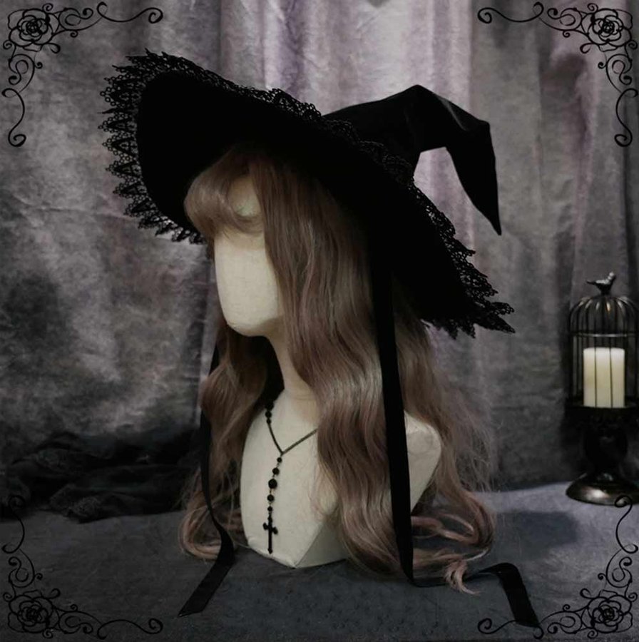 Handmade Simplified Gothic Witch Hat, Black Lolita Witches Hat, Halloween Cap