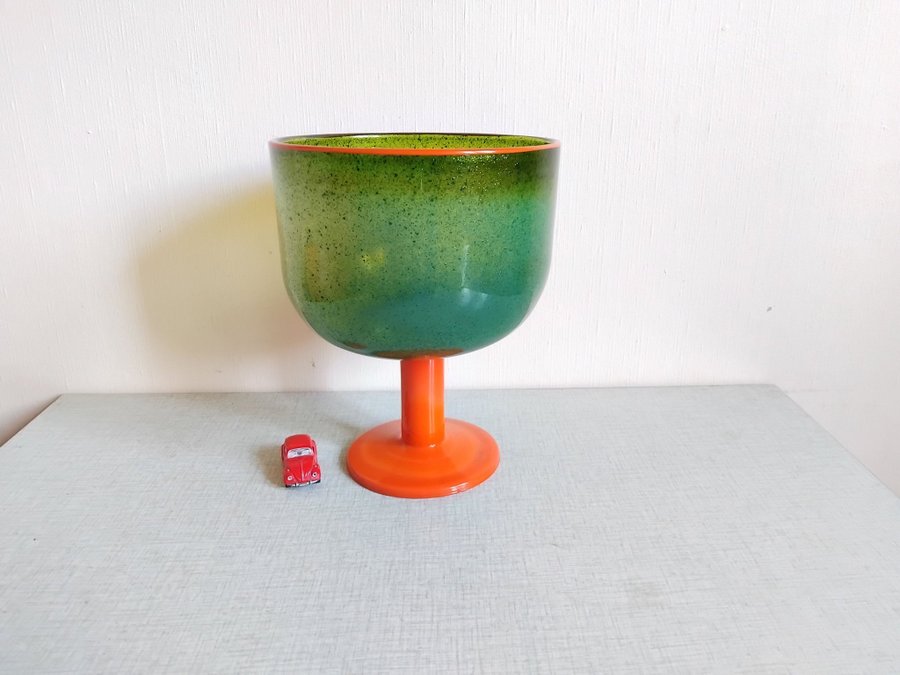 STOR Pokalvas Gunnar Cyrèn "Popglas" Orrefors grön-orange glasvas 60-tals Retro