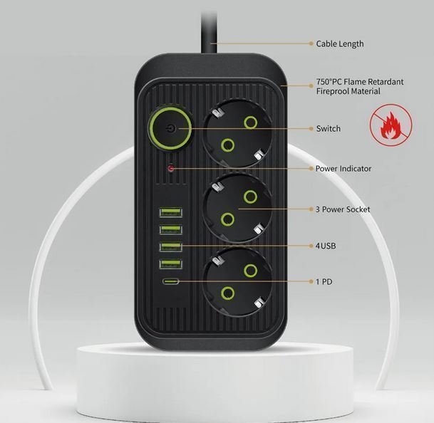 Grenuttag med 3 hål, 4 USB-portar, 1 USB C, vitt, 2m sladd.