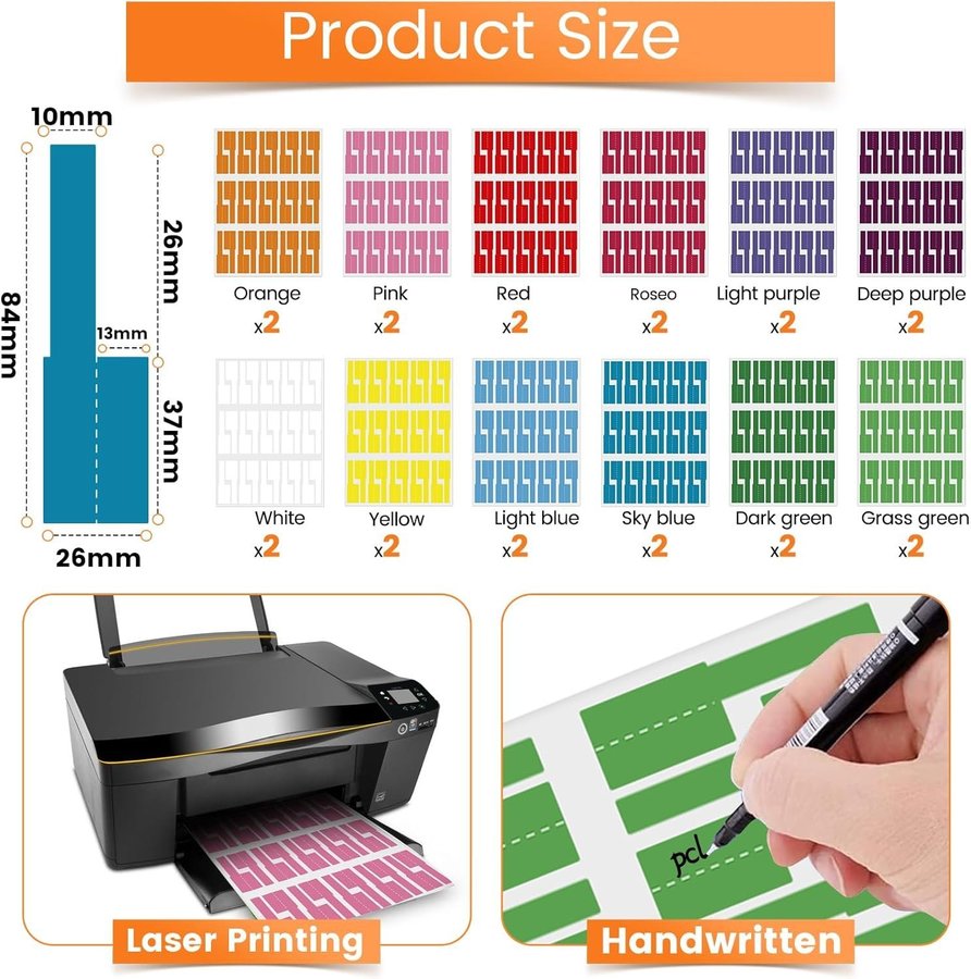 720st NYA Kabeletiketter | Självhäftande | 12 färger inkl penna!