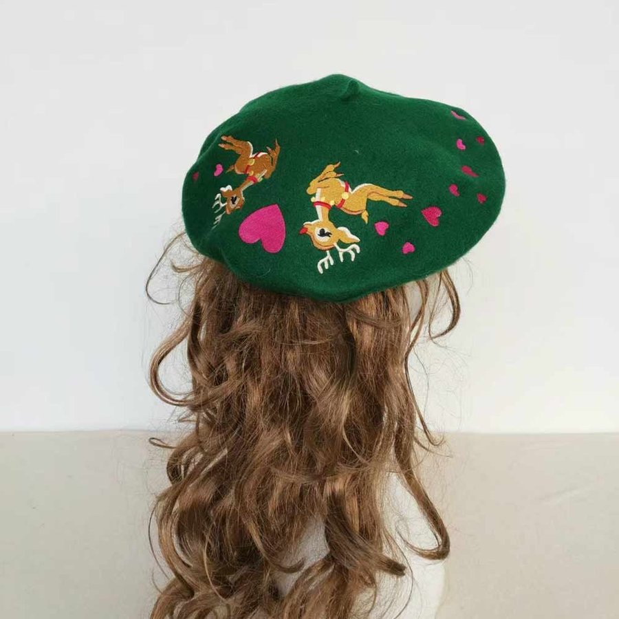 Green Embroidered Christmas Beret, French Style Painter Beret