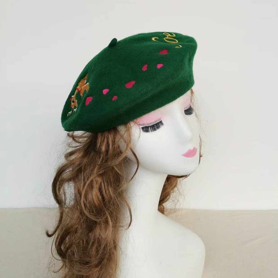 Green Embroidered Christmas Beret, French Style Painter Beret