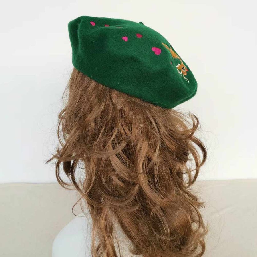 Green Embroidered Christmas Beret, French Style Painter Beret