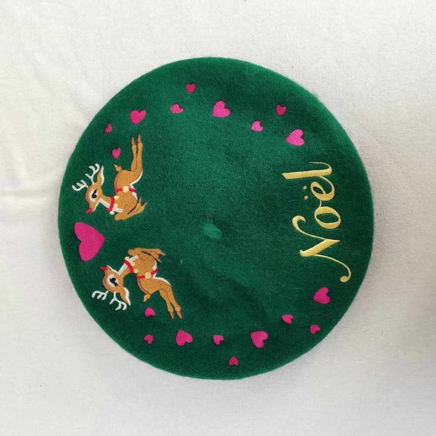 Green Embroidered Christmas Beret, French Style Painter Beret