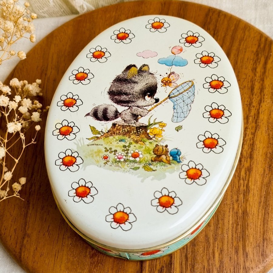 Vintage Giordano Raccoon Tin Box | 70s 80s 90s Seventies Eighties Nineties 1970s