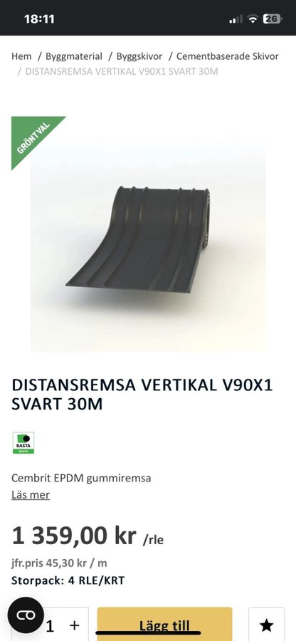 Cembrit EPDM Distansremsa Vertikal 3x90mm Svart 30m