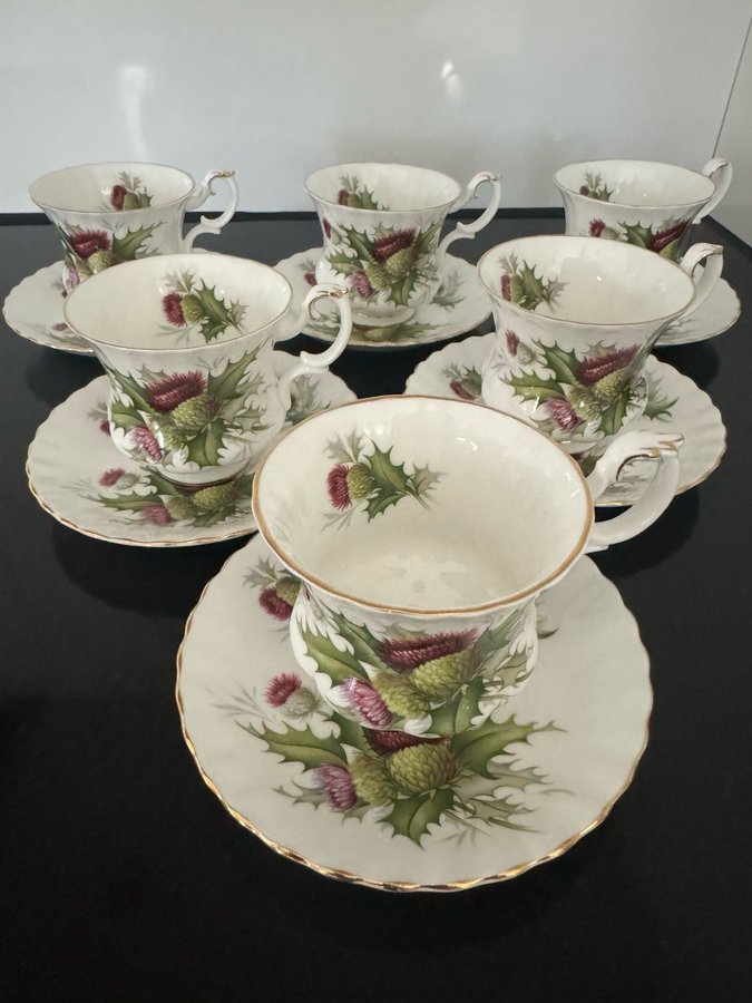 ”Highland Thistle” Royal Albert Bone China 6st kaffekoppar med fat