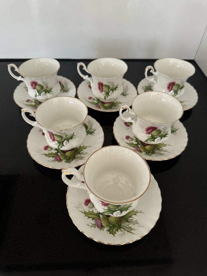 ”Highland Thistle” Royal Albert Bone China 6st kaffekoppar med fat