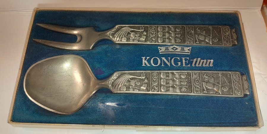 VINTAGE KONGE-TINN NORSK TENN SERVERINGSGAFFEL  SKED VIKING KUNG OLAV