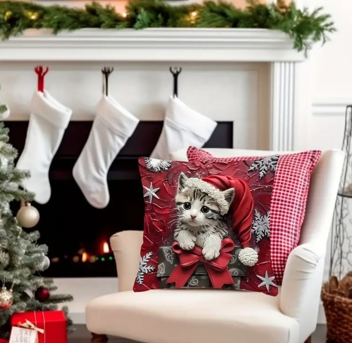 Julbetonat Kuddfodral med söt kattunge, 45X45 cm Polyester m mjuk struktur, katt