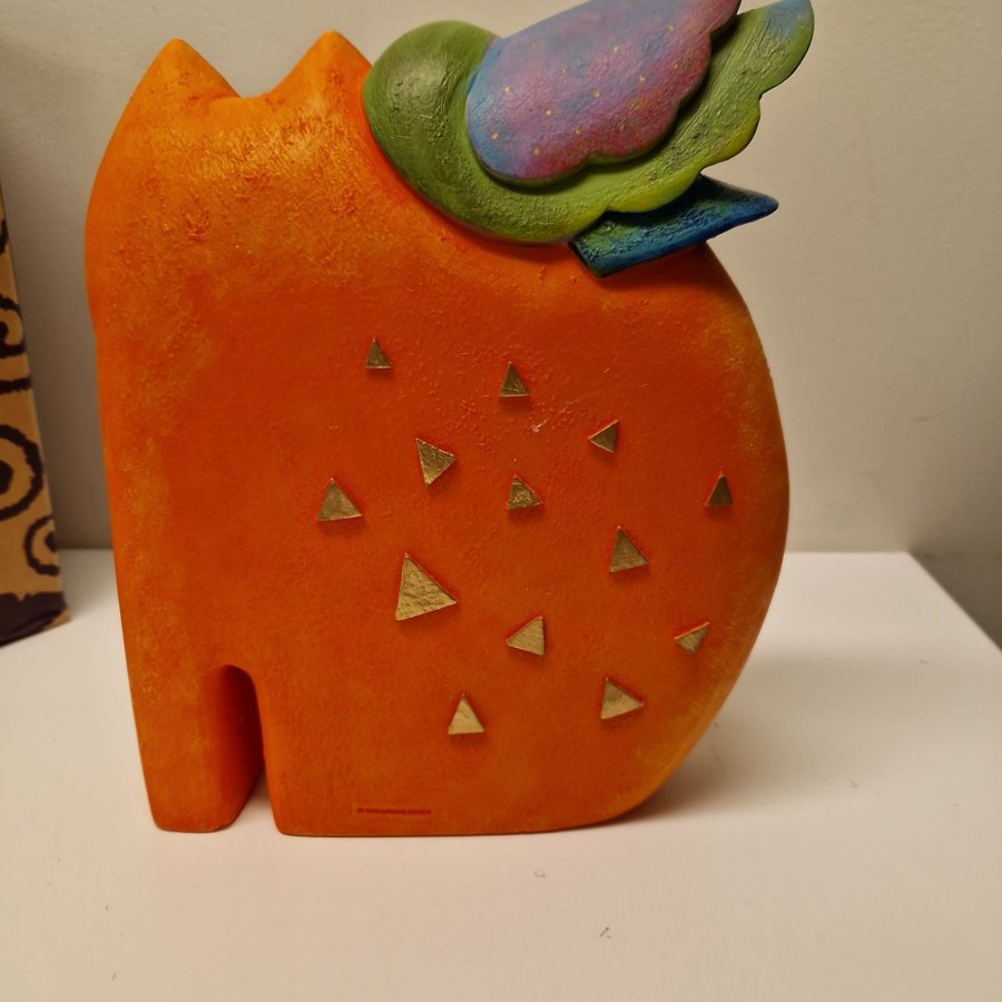 Laurel Burch - Katt med fågel figurin, 25cm, Signerad och märkt