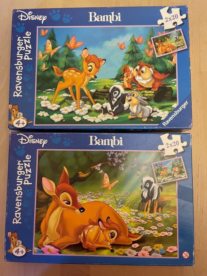 2 st Disney Bambi Pussel i en kartong, 20-bitars, Ravensburger, ca 26 x 18