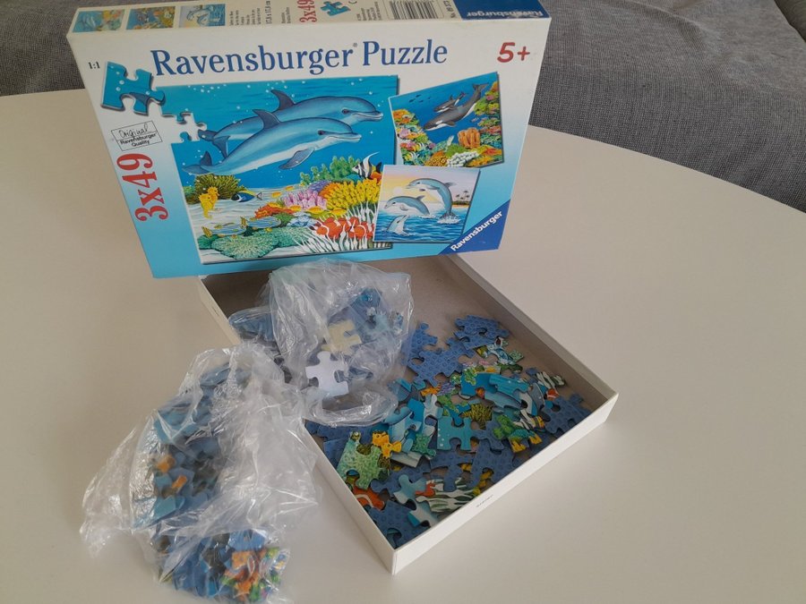 Ravensburger Pussel, 3 x 49, med bl a delfiner. 5+, Original, Djur- o rökfritt