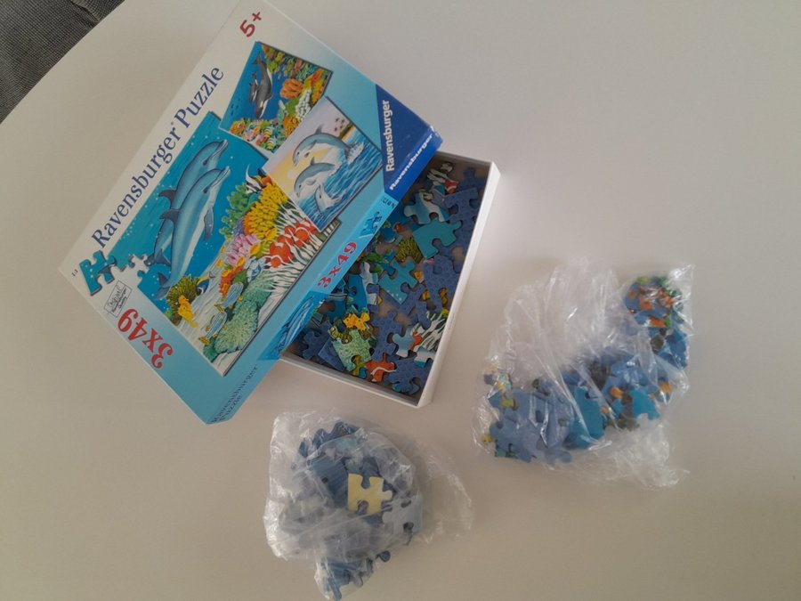 Ravensburger Pussel, 3 x 49, med bl a delfiner. 5+, Original, Djur- o rökfritt