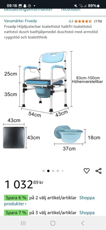 Toalettstol /duschstol med armstöd, höj- och sänkbar