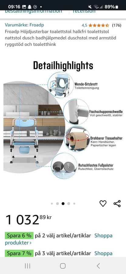 Toalettstol /duschstol med armstöd, höj- och sänkbar