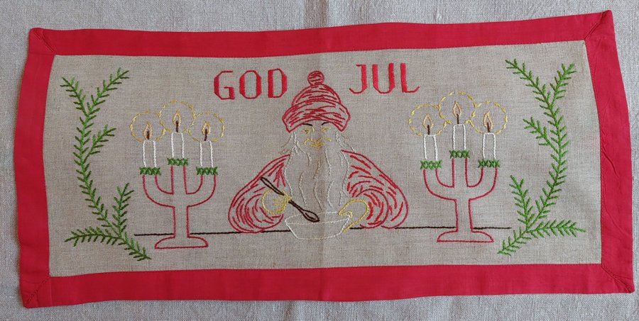 Julbonad Broderad på Oblekt Linne " God Jul"