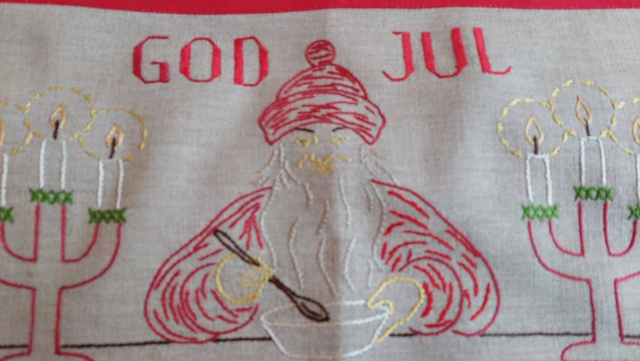 Julbonad Broderad på Oblekt Linne " God Jul"