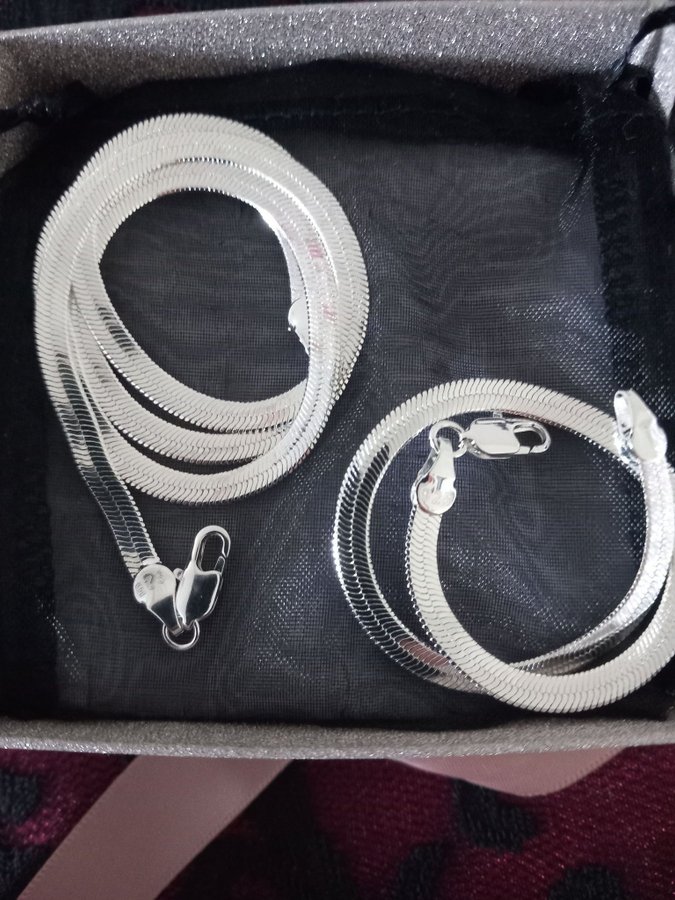 SET; Bladkedja 4 mm halsband och armband sterling 925 silverplätetade 925 stämp