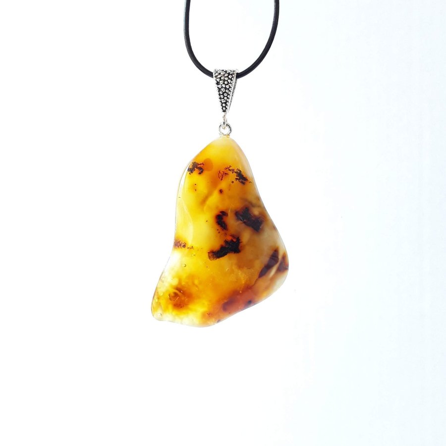 Unique Baltic amber gemstone pendant necklace, Large yellow / brown gem jewelry