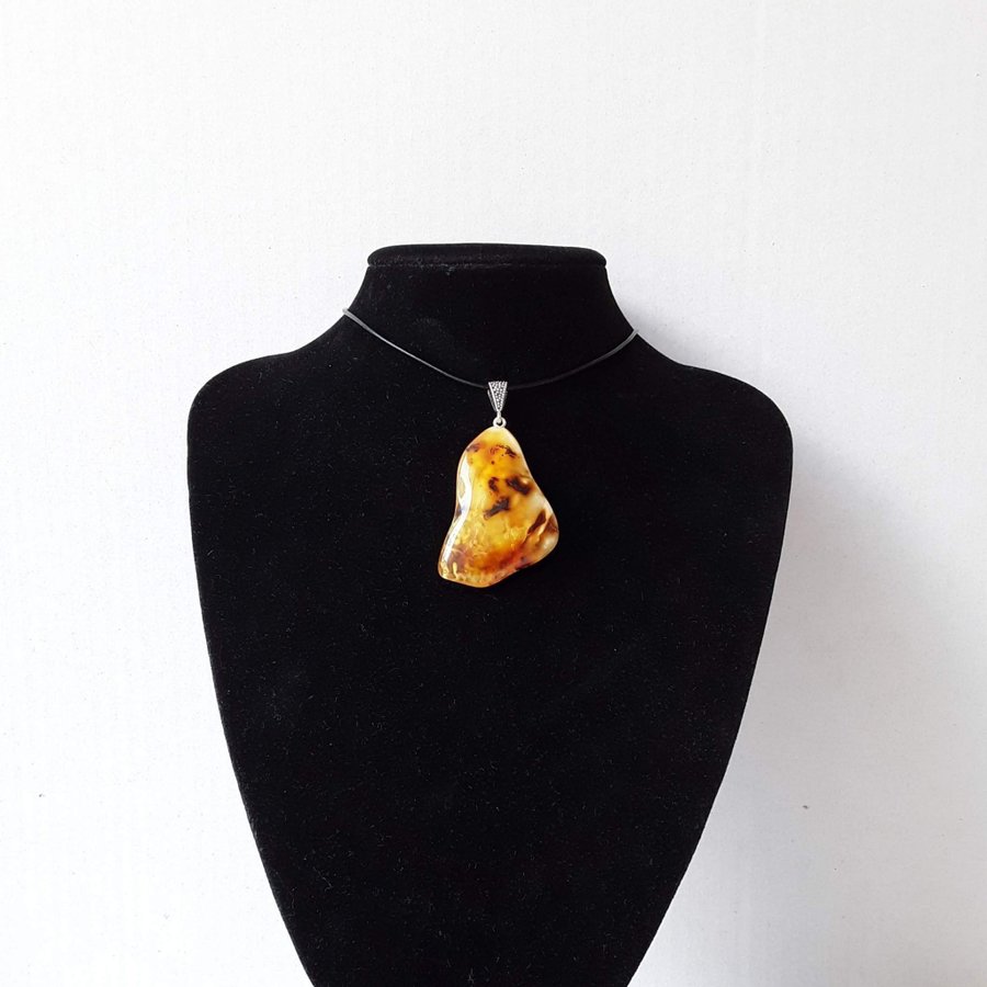 Unique Baltic amber gemstone pendant necklace, Large yellow / brown gem jewelry