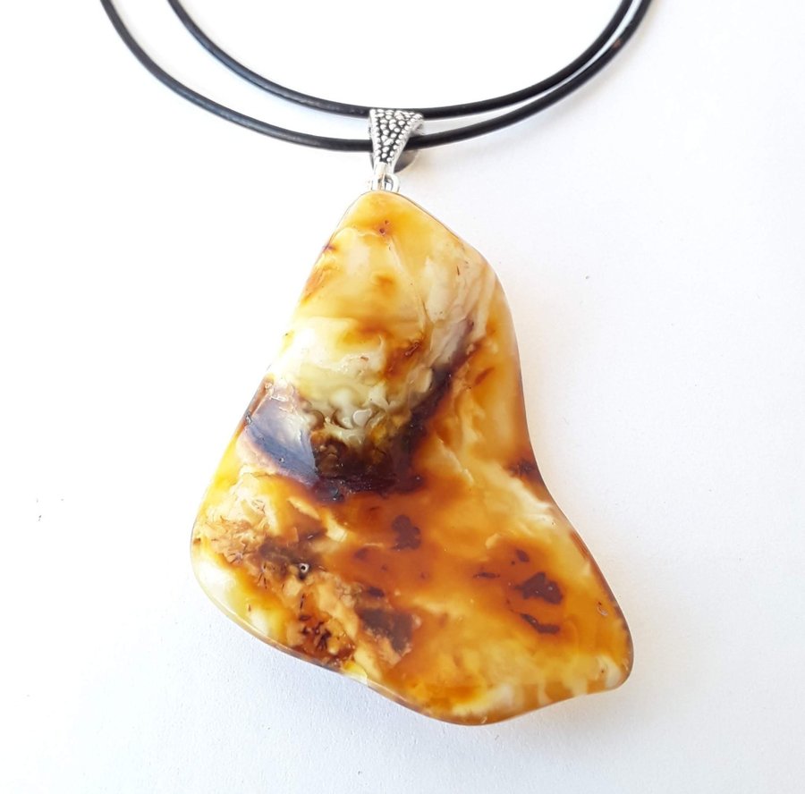 Unique Baltic amber gemstone pendant necklace, Large yellow / brown gem jewelry