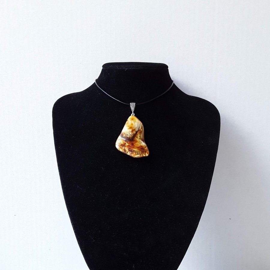 Unique Baltic amber gemstone pendant necklace, Large yellow / brown gem jewelry