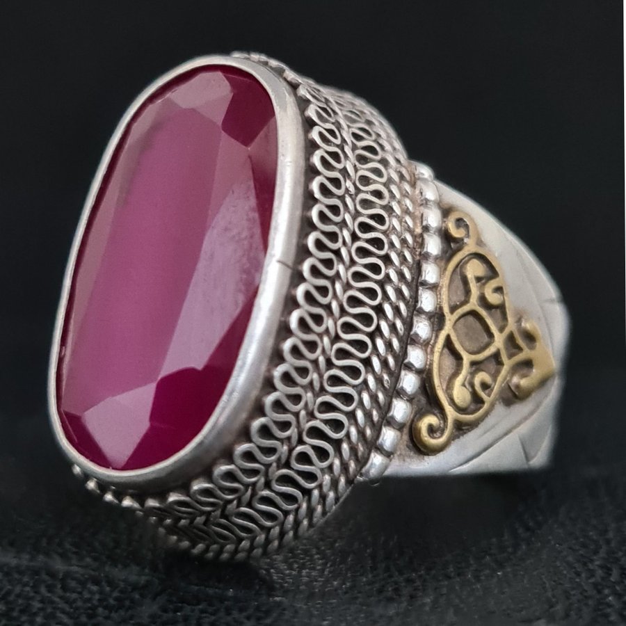 UNIK DESIGN SILVERRING, HANDGJORD, NATURELL ROSA RUBIN STEN, ART DECO