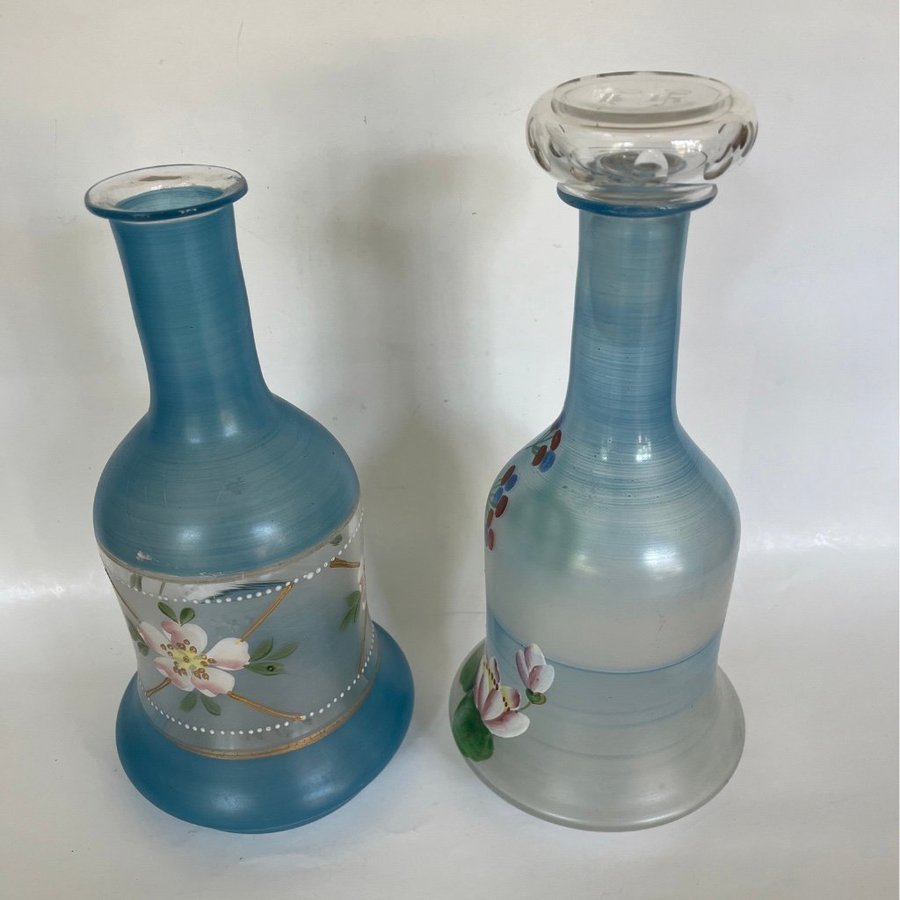 Antik glas karaff, vas, flaska, blå, grön, blommor, vintage, retro