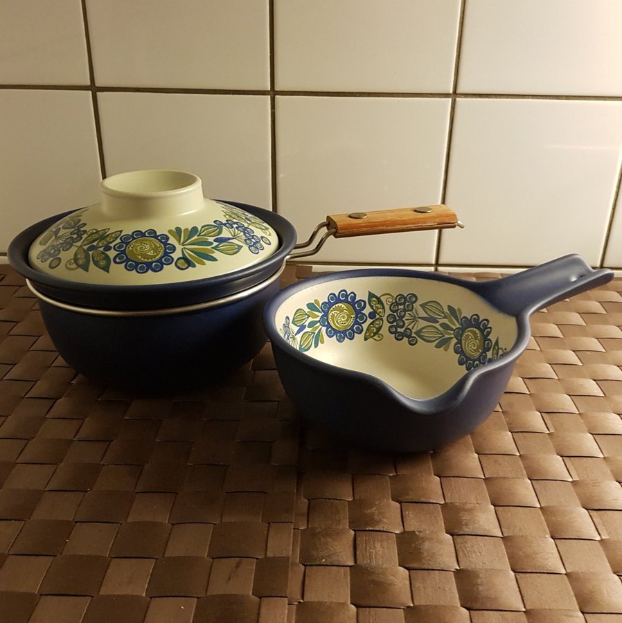 Vintage Mormors gryta men lock + såsgryta flame ware för gasspis eller elspis