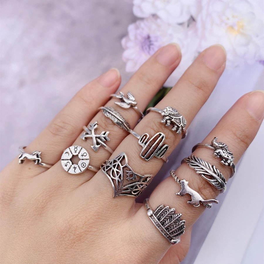 12-pack Boho Antik Silver Ringar - Olika Former  Mönster