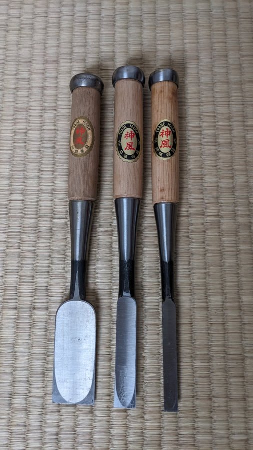 Vintage Japanese Chisel set of three "Tataki Nomi" 12mm 18mm 36mm/New Old Stock