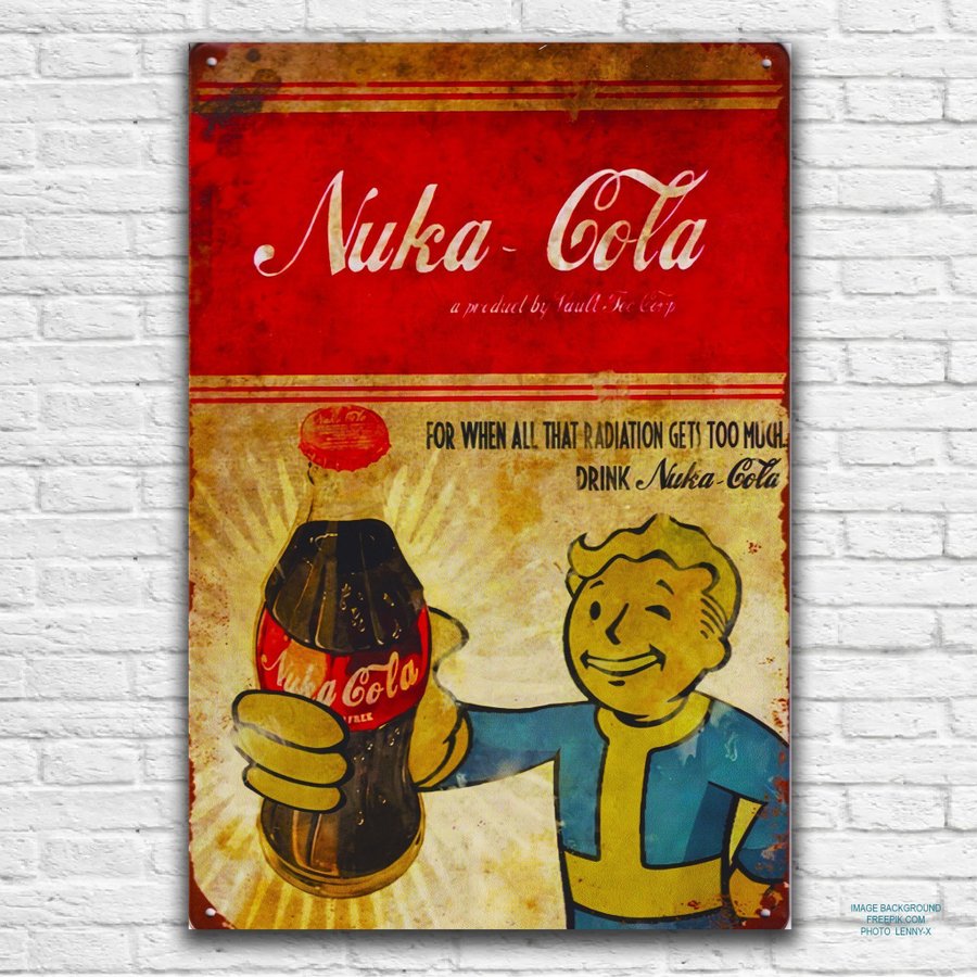 Metallskylt FallOut - Vault Boy - Nuka Cola - Plåtskylt