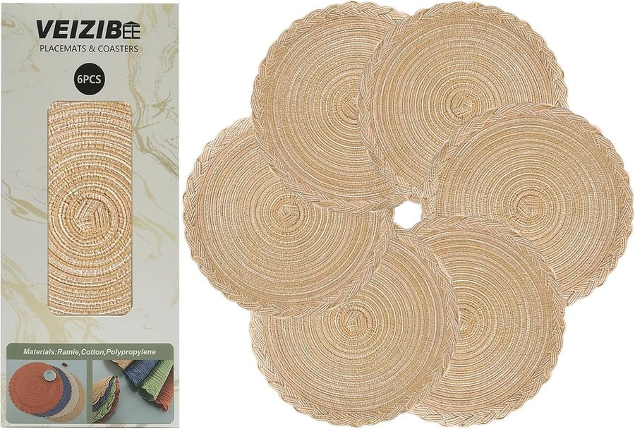 BID! VEIZIBEE Tablemats, Coasters, Woven Round Placemats, 6pcs, 30cm! New!