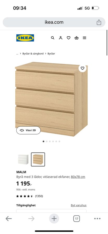 IKEA MALM Byrå 3 lådor, vitlaserad ekfanér, 80x78 cm