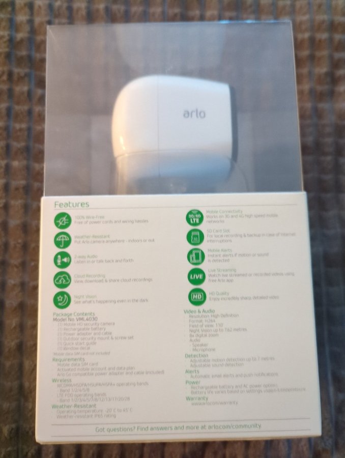 Arlo Go - 4G-kamera 3G/4G stöd i bra skick komplett i box! Modell nr: VML4030