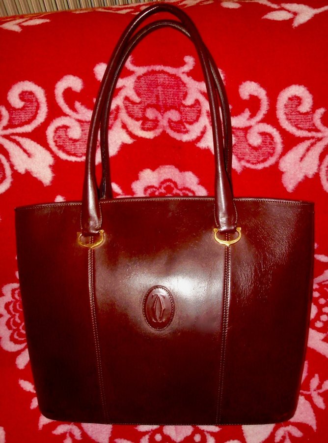 FIN STOR ÄKTA CARTIER TOTE BAG VINTAGE MÖRKRÖD 2 STORA FICKOR INUTI ÄKTA LÄDER