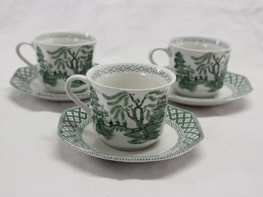 3 Kaffekopp Tekopp m Fat Royal Staffordshire Willow Ironstone JG Meakin England