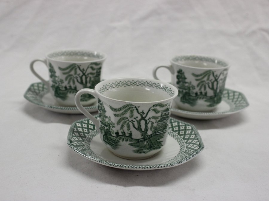 3 Kaffekopp Tekopp m Fat Royal Staffordshire Willow Ironstone JG Meakin England