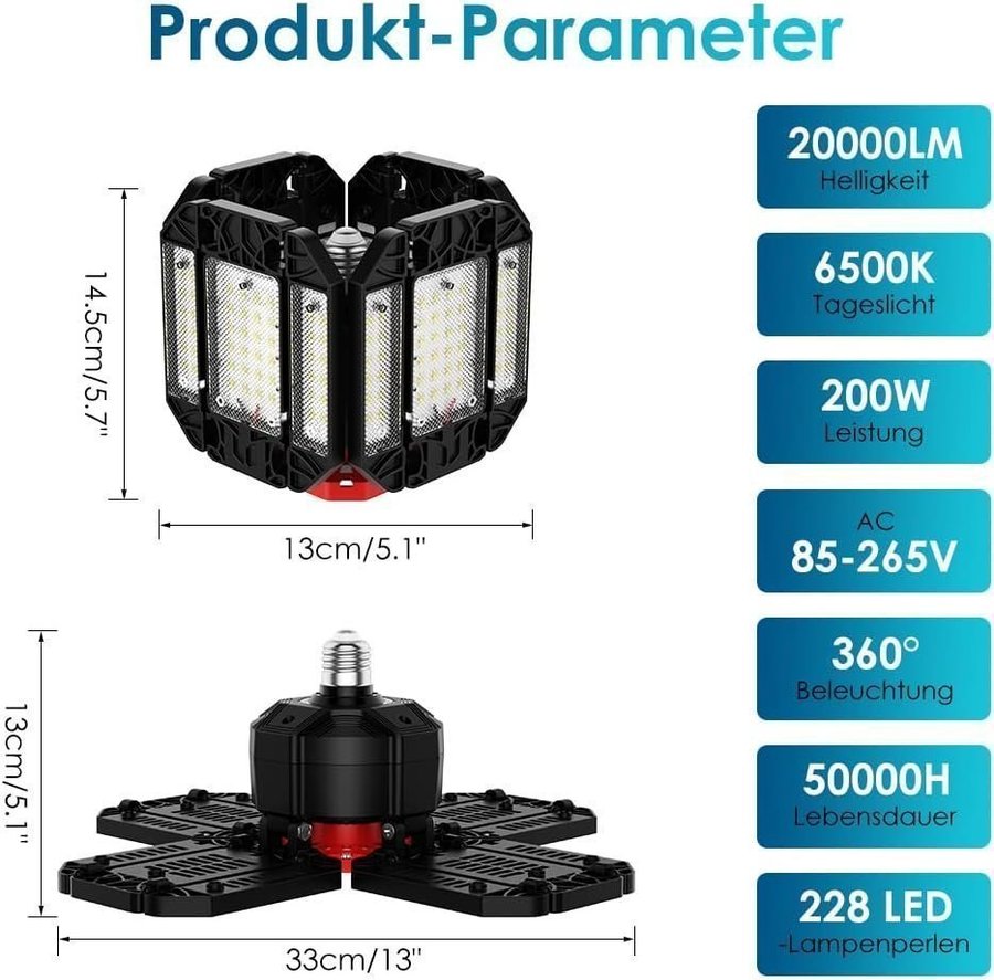 - NY - E26/E27 200 W LED verkstadslampa garagebelysning 1 st - 20 000lm