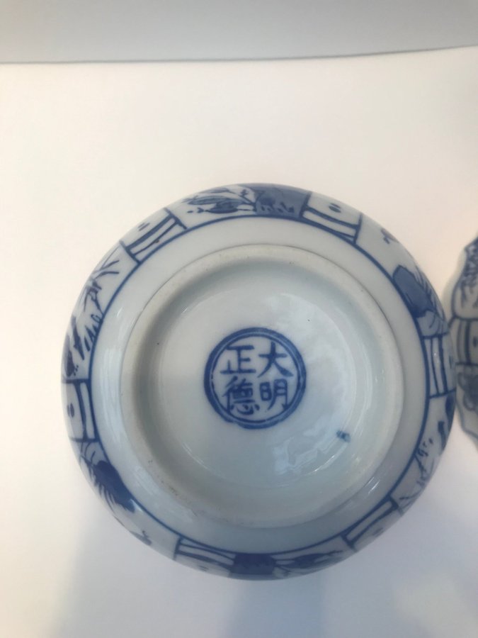 2 st Vintage Chinese Kraak blå  vit porslin skål Ming Bird Berry