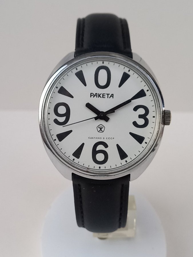 Vintage Soviet Paketa Raketa Big Zero Watch with Black Leather Strap