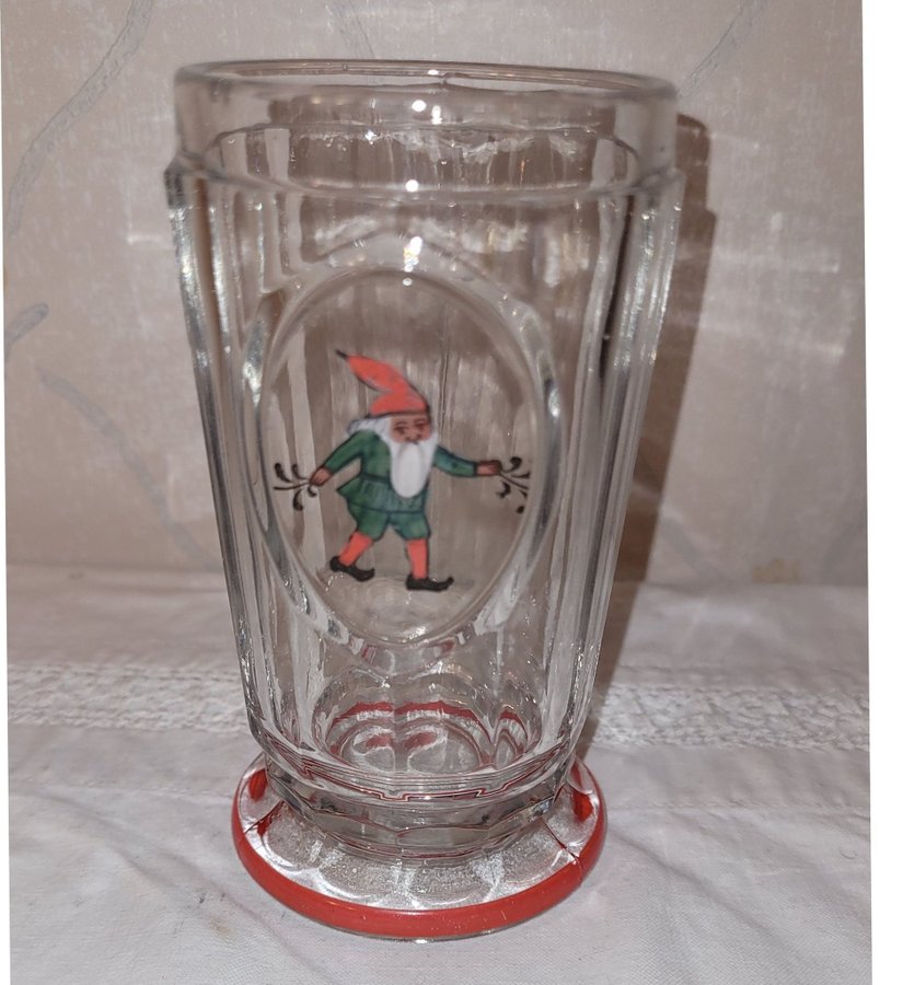 antikt GLAS med TOMTE handmålat PRESSGLAS glass SANTA