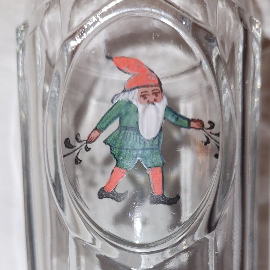 antikt GLAS med TOMTE handmålat PRESSGLAS glass SANTA