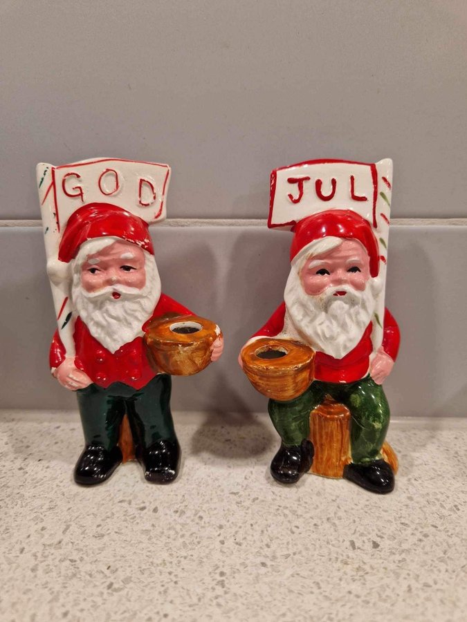 2 st jultomtar ljusstake i keramik; God Jul